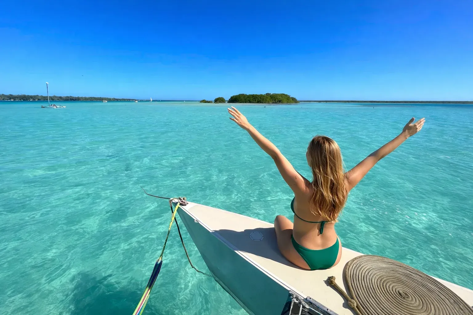 Mujer en la proa de un velero navegando la laguna turquesa de Bacalar