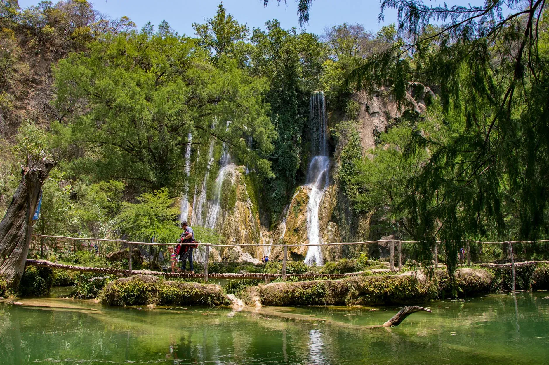 Abismo vertical con cascada y mirador en el bosque