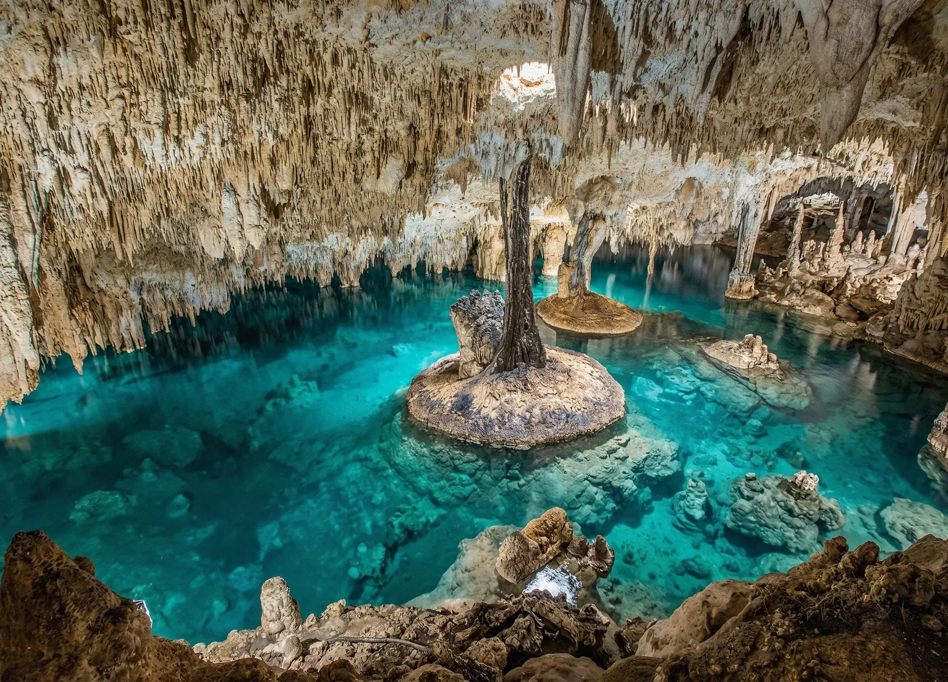 Estalactitas y estalagmitas iluminadas dentro de las Grutas de Cacahuamilpa