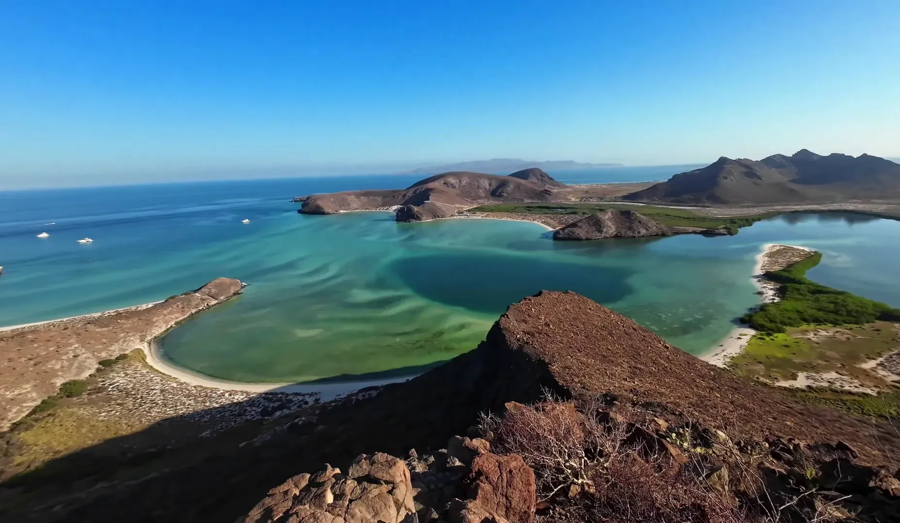 Vista panorámica de Playa Balandra desde el mirador con aguas turquesas y desierto