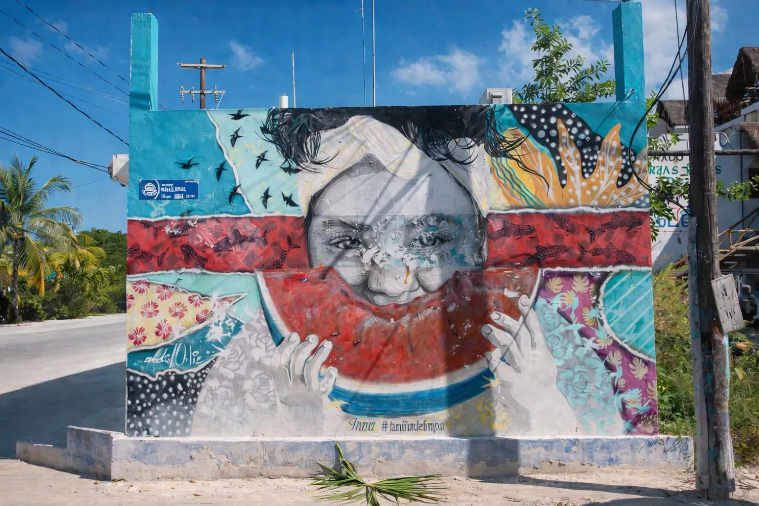 Mural colorido en una fachada del centro de Isla Holbox