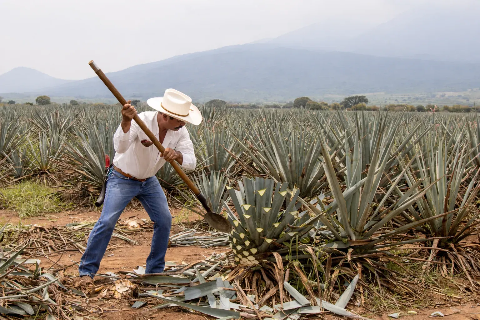 Jimador cosechando agave azul en Tequila