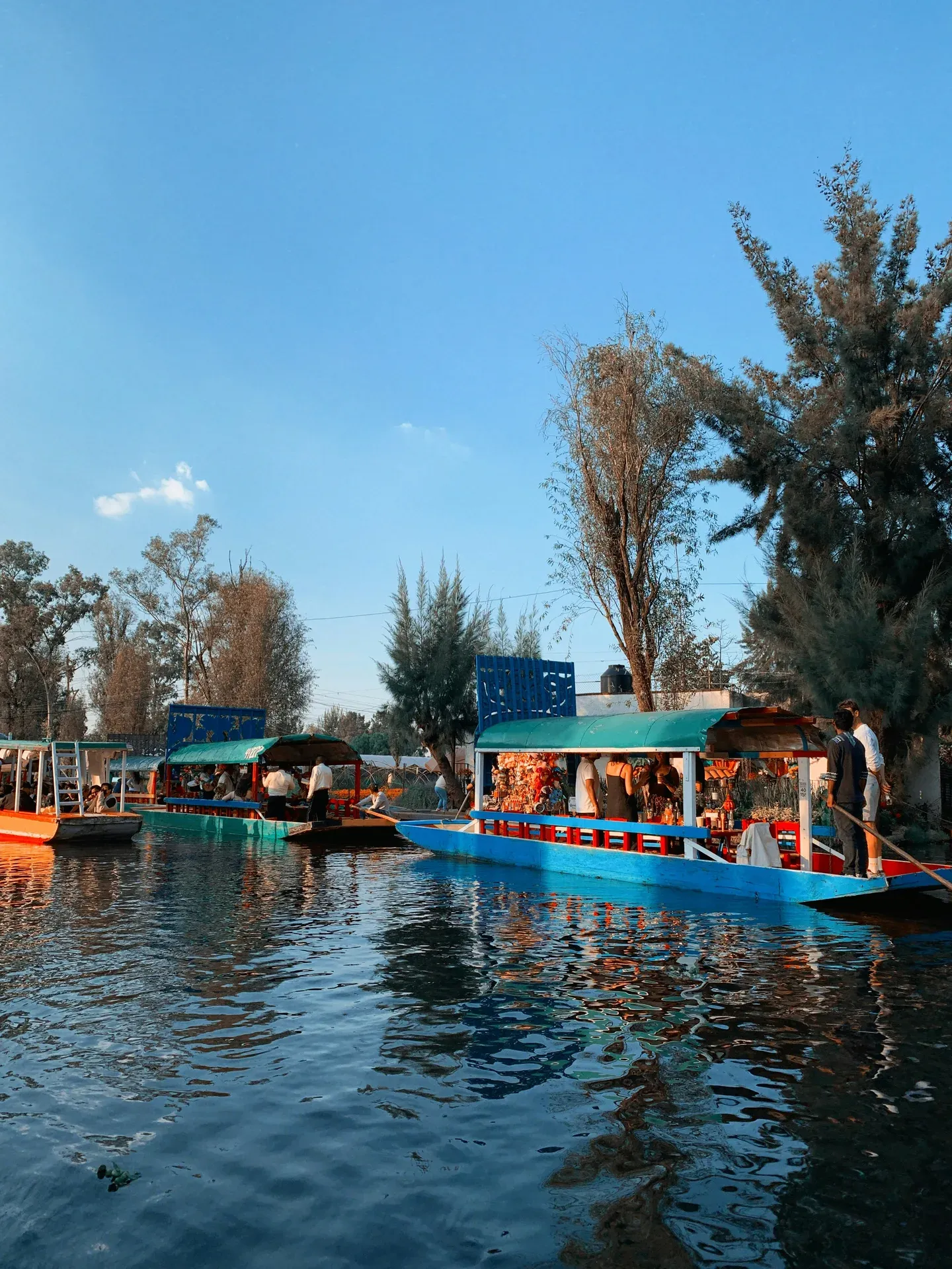 Trajineras con personas disfrutando un paseo por los canales de Xochimilco